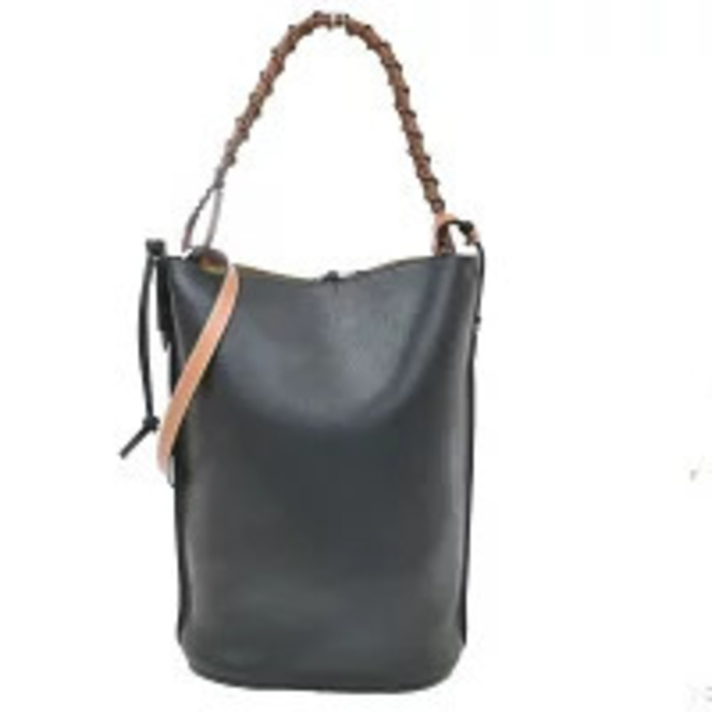 Loewe Anagram Gate Bucket Woven Handle Shoulder Bag Leather Black Brown